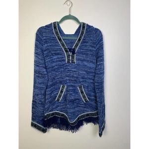 Vintage Retro Womens Blue Alpaca Hoodie, 70s Boho Sweater with finge, Size S